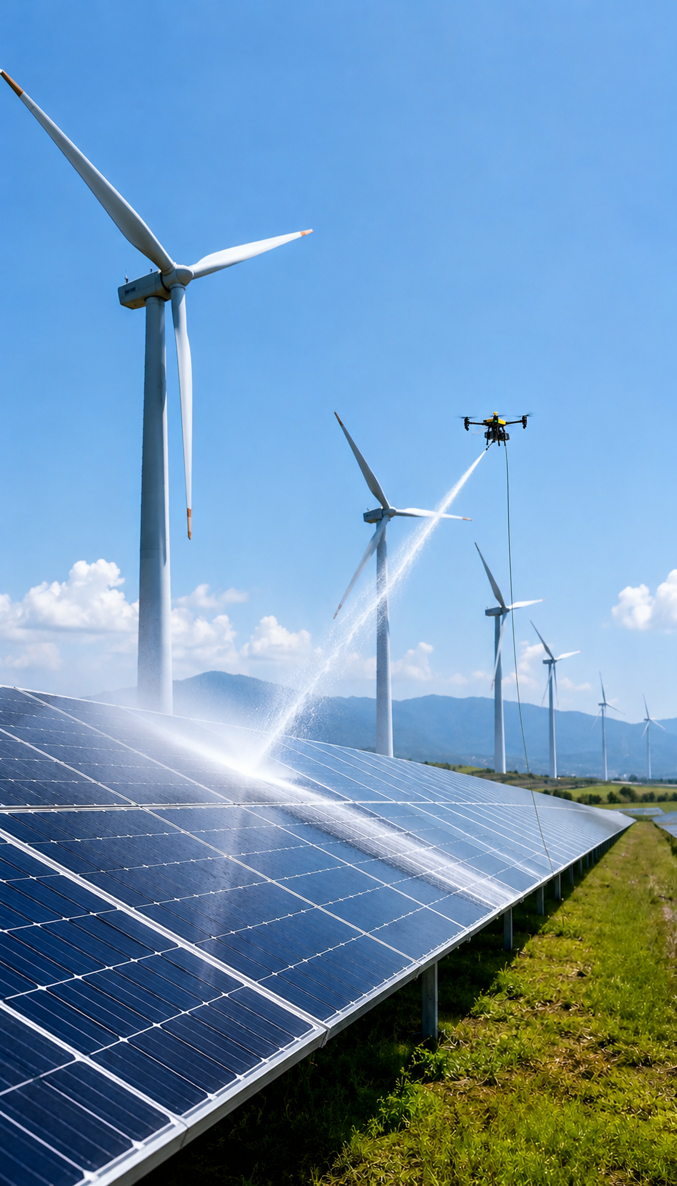 Dron limpiando con agua tratada los módulos de una instalación fotovoltaica sobre cubierta industrial