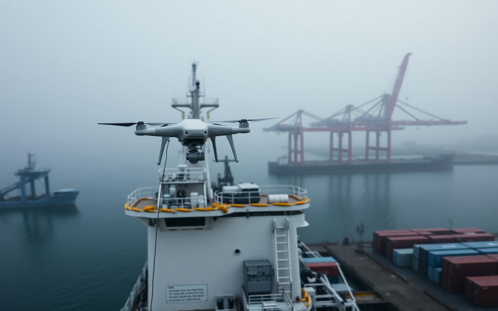 Dron trabajando sobre la superestructura de un buque atracado en una terminal portuaria